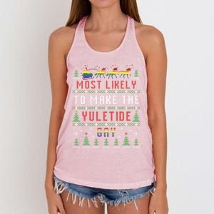 Ugly Christmas Sweater Most Likely To Make The Yuletide Gay Women's Knotted Racerback Tank