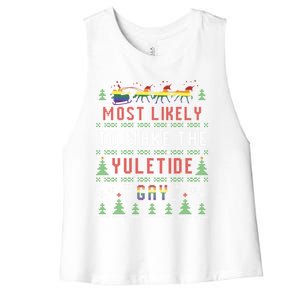 Ugly Christmas Sweater Most Likely To Make The Yuletide Gay Women's Racerback Cropped Tank