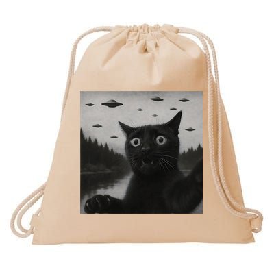 UFO Cat Selfie Funny Alien Spaceship Black Cat  Drawstring Bag