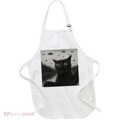 UFO Cat Selfie Funny Alien Spaceship Black Cat  Full-Length Apron With Pockets