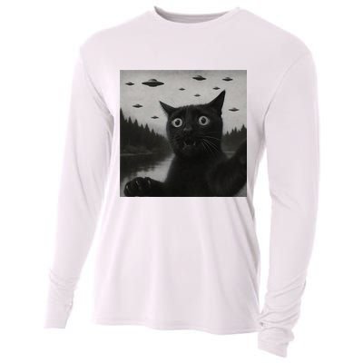 UFO Cat Selfie Funny Alien Spaceship Black Cat  Cooling Performance Long Sleeve Crew
