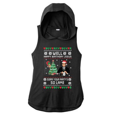 Ugly Christmas Sweater The Office Happy Birthday Jesus Sorry Your Party Ladies PosiCharge Tri-Blend Wicking Draft Hoodie Tank