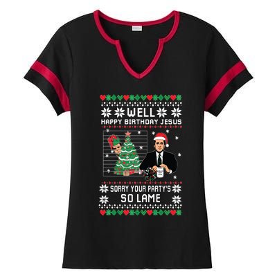 Ugly Christmas Sweater The Office Happy Birthday Jesus Sorry Your Party Ladies Halftime Notch Neck Tee