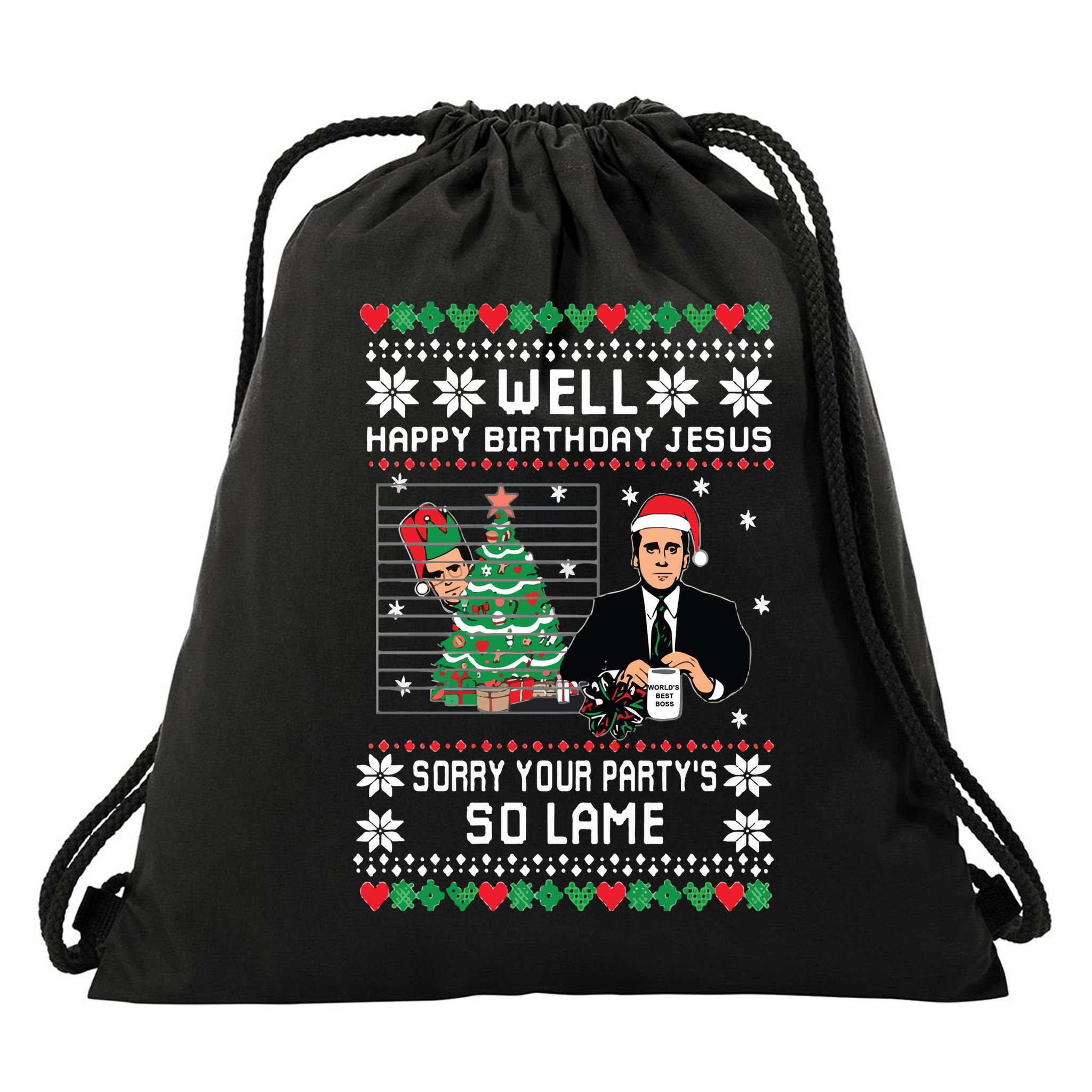 Ugly Christmas Sweater The Office Happy Birthday Jesus Sorry Your Party Drawstring Bag