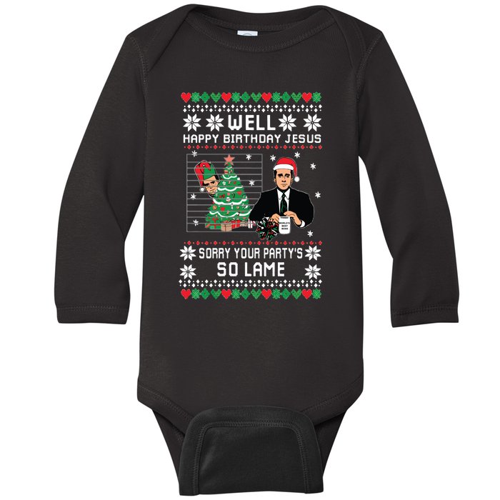 Ugly Christmas Sweater The Office Happy Birthday Jesus Sorry Your Party Baby Long Sleeve Bodysuit