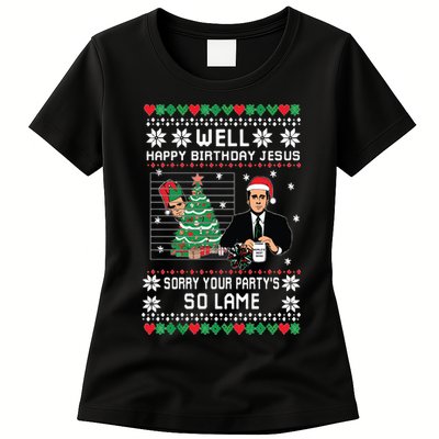 Ugly Christmas Sweater The Office Happy Birthday Jesus Sorry Your Party Womens T-Shirt