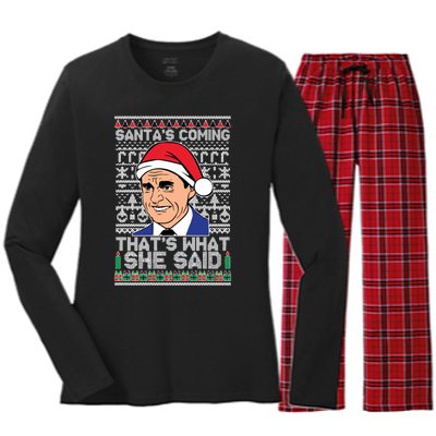 Ugly Christmas Sweater The Office SantaS Coming ThatS What She Said Women's Long Sleeve Flannel Pajama Set 