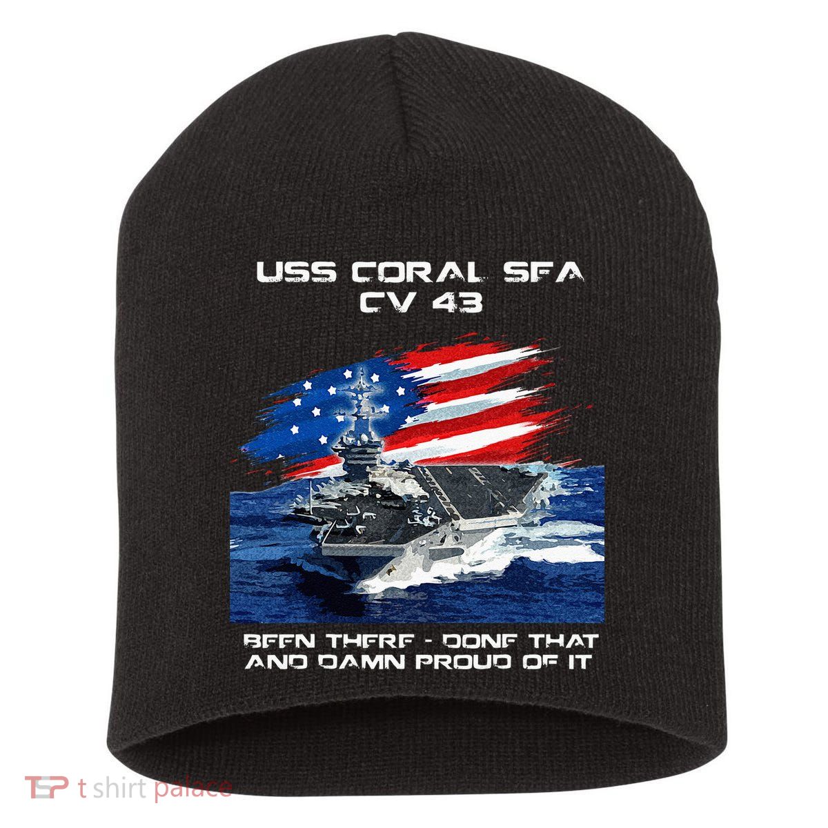 USS Coral Sea CV 43 Aircraft Carrier Veteran USA Flag Xmas Short Acrylic Beanie