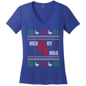 Ugly Christmas Sweater Pharmacy Tech Merry Xmas Pharmacist Gift Women's V-Neck T-Shirt