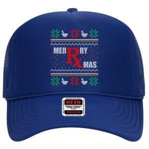 Ugly Christmas Sweater Pharmacy Tech Merry Xmas Pharmacist Gift High Crown Mesh Back Trucker Hat