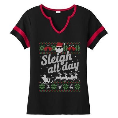 Ugly Christmas Sweater Santa Sleigh All Day Cool Gift Ladies Halftime Notch Neck Tee