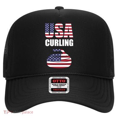 USA Curling Team Flag Sport High Crown Mesh Back Trucker Hat