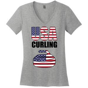 USA Curling Team Flag Sport Women's V-Neck T-Shirt