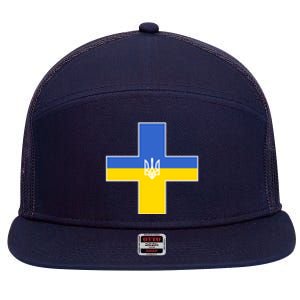 Ukrainian Cross Ukraine Support Stand With Pray 7 Panel Mesh Trucker Snapback Hat