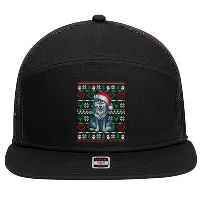 Ugly Christmas Wolf Wearing Santa Hat Xmas Pajama Cool Gift 7 Panel Mesh Trucker Snapback Hat