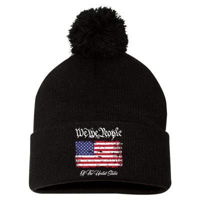 US Constitution We The People With Distressed Flag Pom Pom 12in Knit Beanie
