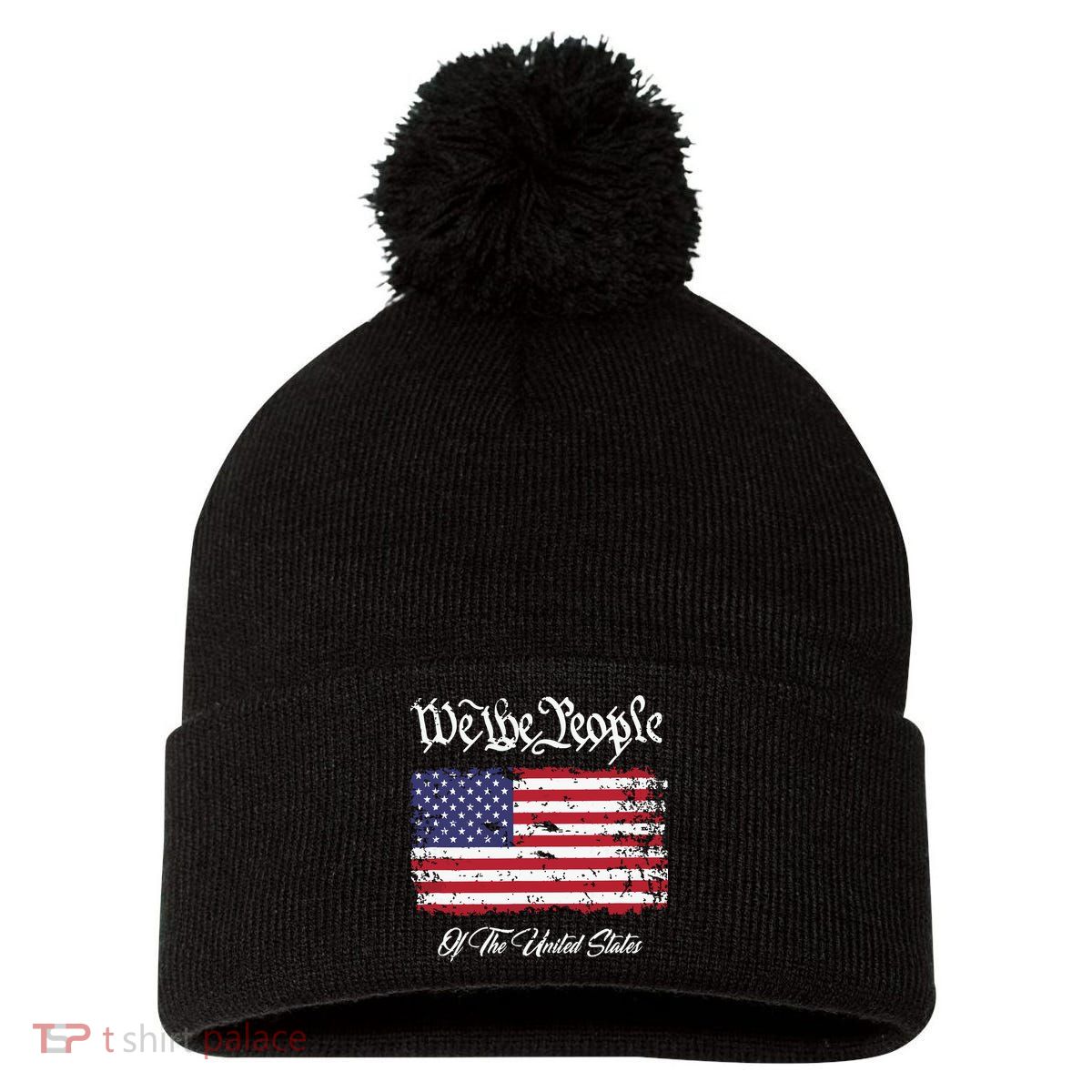 US Constitution We The People With Distressed Flag Pom Pom 12in Knit Beanie