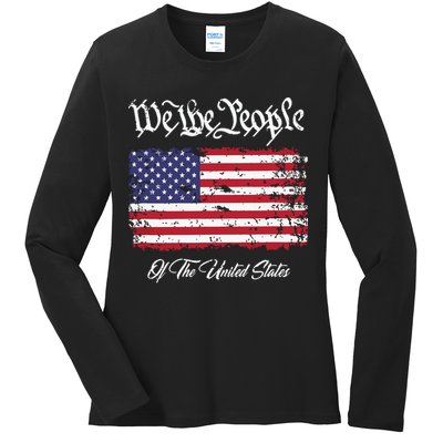 US Constitution We The People With Distressed Flag Ladies Long Sleeve Shirt