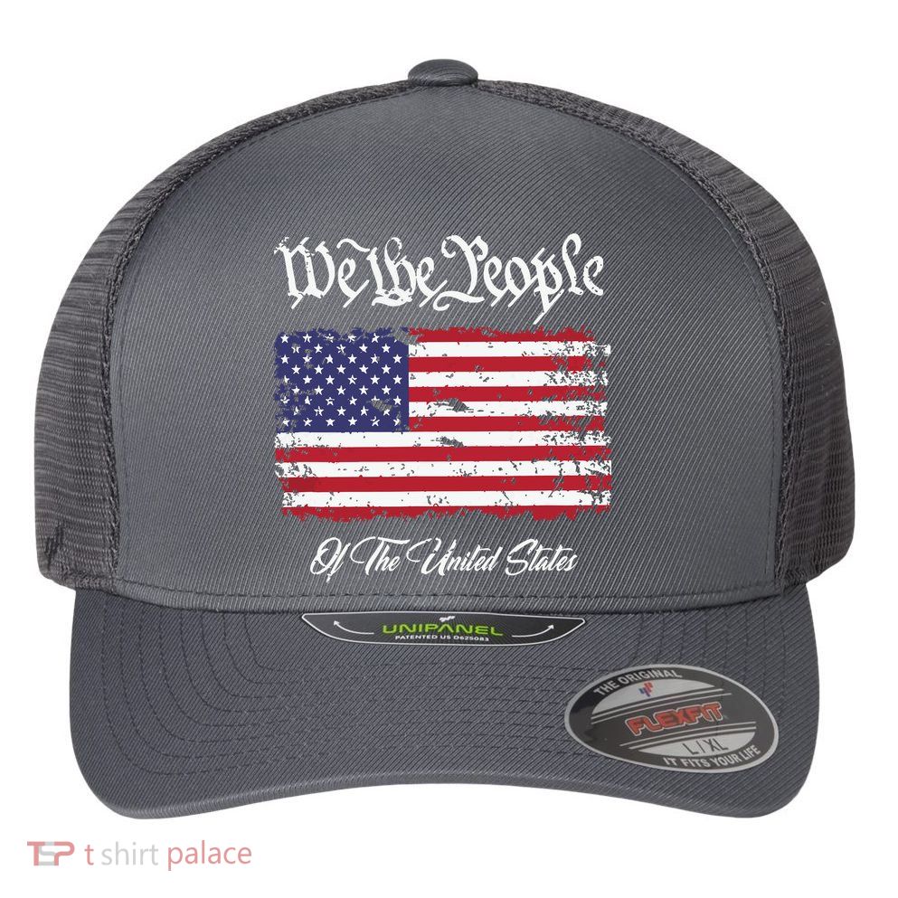 US Constitution We The People With Distressed Flag Flexfit Unipanel Trucker Cap