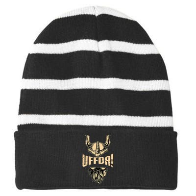 Uff Da American Norwegian Quote Roots Viking Helmet Beard Striped Beanie with Solid Band