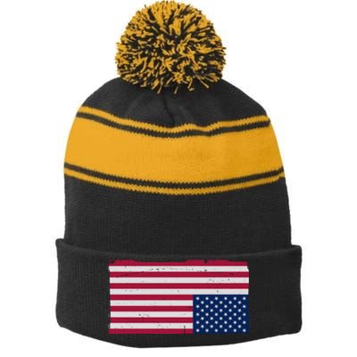 Upside Down American Flag Vintage Stripe Pom Pom Beanie