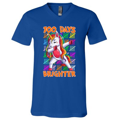 Unicorn Dabbing Dab 100 Days Brighter Funny Gift V-Neck T-Shirt