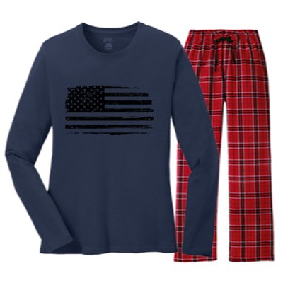 USA Distressed Flag Grunge Patriotic American Merica Pride Women's Long Sleeve Flannel Pajama Set 