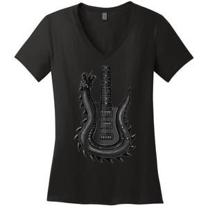 Unique Dragon Guitar Rock N Roll Band Musics Women's V-Neck T-Shirt