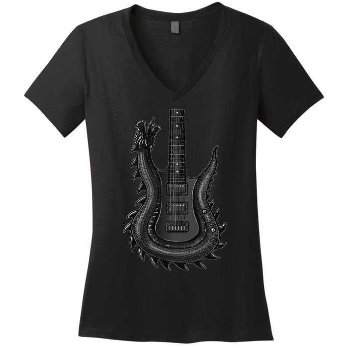 Unique Dragon Guitar Rock N Roll Band Musics Women's V-Neck T-Shirt