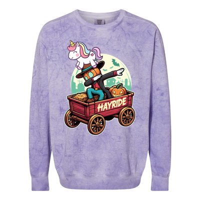 Unicorn Dabbing Halloween Haunted Hayride Wagon Cute Gift Colorblast Crewneck Sweatshirt