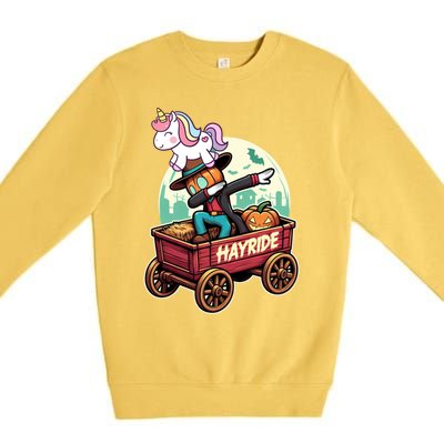 Unicorn Dabbing Halloween Haunted Hayride Wagon Cute Gift Premium Crewneck Sweatshirt