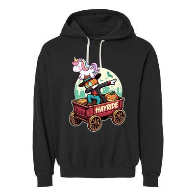Unicorn Dabbing Halloween Haunted Hayride Wagon Cute Gift Garment-Dyed Fleece Hoodie