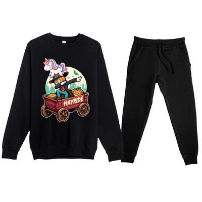 Unicorn Dabbing Halloween Haunted Hayride Wagon Cute Gift Premium Crewneck Sweatsuit Set