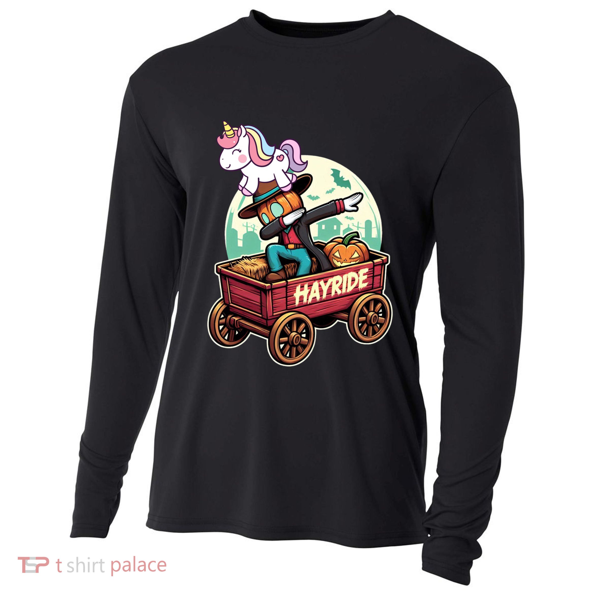 Unicorn Dabbing Halloween Haunted Hayride Wagon Cute Gift Cooling Performance Long Sleeve Crew
