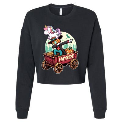 Unicorn Dabbing Halloween Haunted Hayride Wagon Cute Gift Cropped Pullover Crew