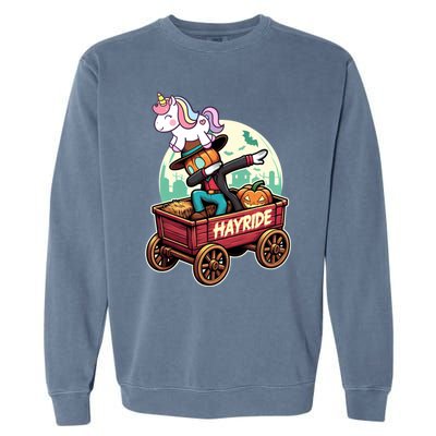 Unicorn Dabbing Halloween Haunted Hayride Wagon Cute Gift Garment-Dyed Sweatshirt