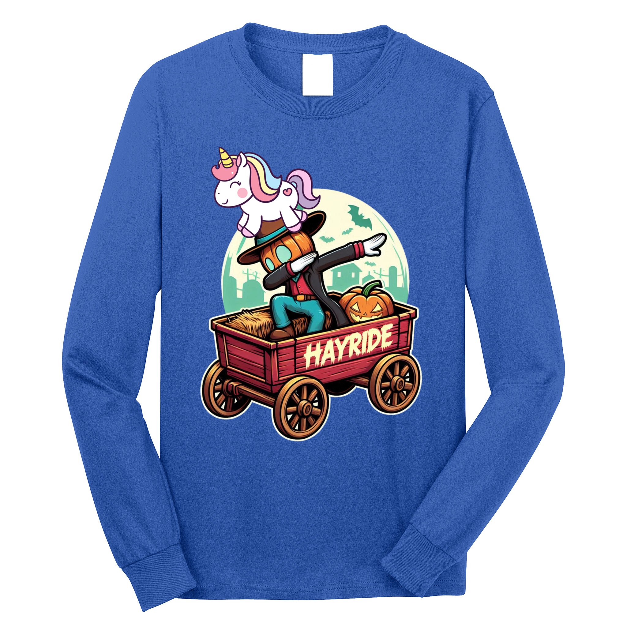 Unicorn Dabbing Halloween Haunted Hayride Wagon Cute Gift Long Sleeve Shirt