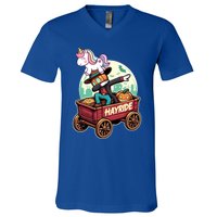 Unicorn Dabbing Halloween Haunted Hayride Wagon Cute Gift V-Neck T-Shirt