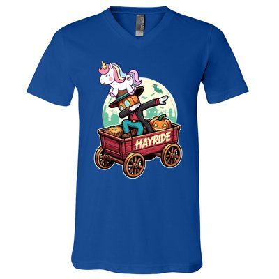 Unicorn Dabbing Halloween Haunted Hayride Wagon Cute Gift V-Neck T-Shirt