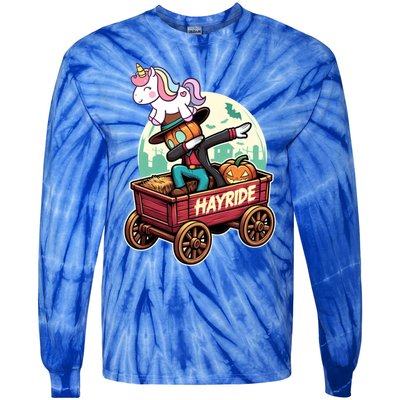 Unicorn Dabbing Halloween Haunted Hayride Wagon Cute Gift Tie-Dye Long Sleeve Shirt