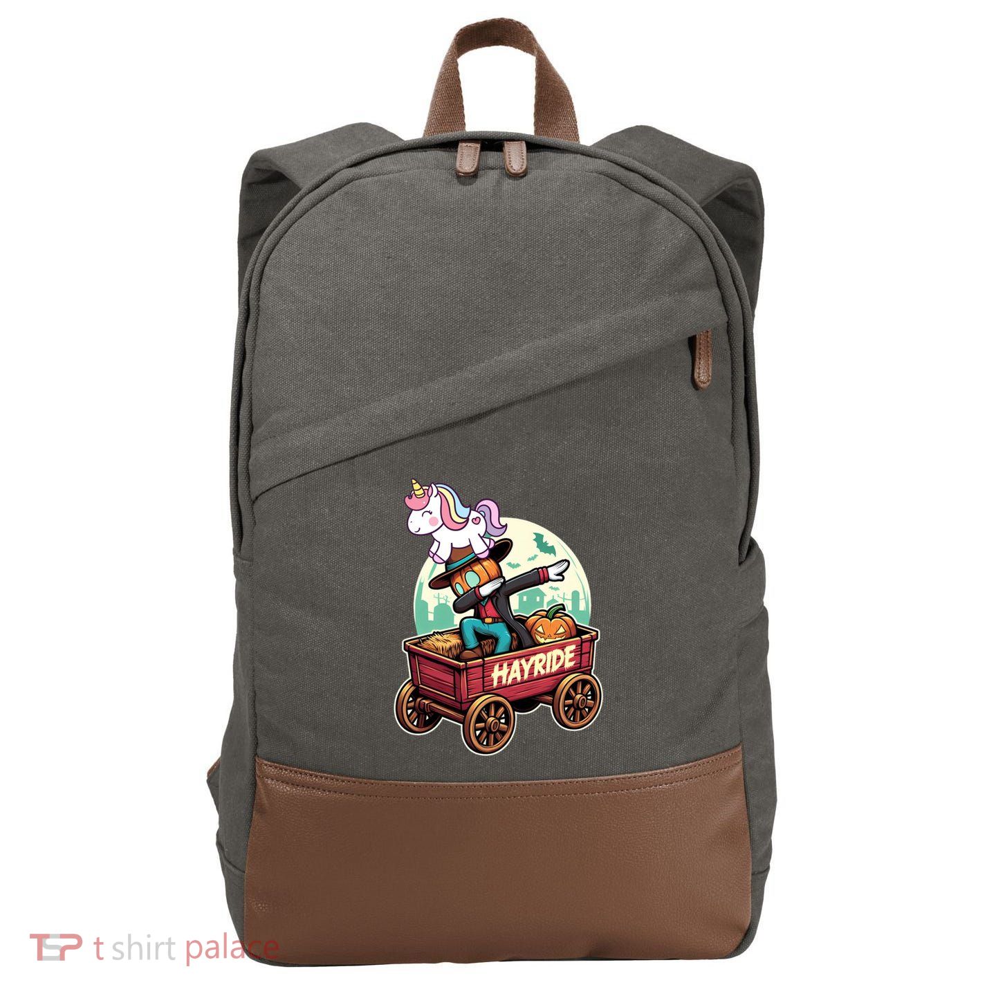 Unicorn Dabbing Halloween Haunted Hayride Wagon Cute Gift Cotton Canvas Backpack