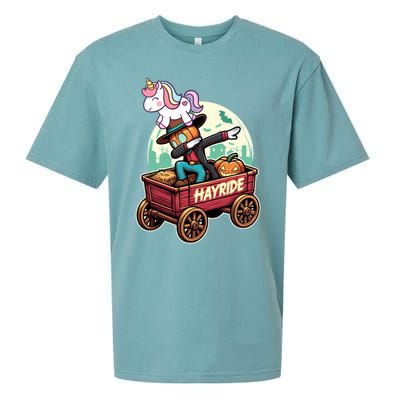 Unicorn Dabbing Halloween Haunted Hayride Wagon Cute Gift Sueded Cloud Jersey T-Shirt