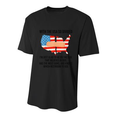 Usa Divided IM Just Glad To Be On The Side Believes In God Youth Performance Sprint T-Shirt