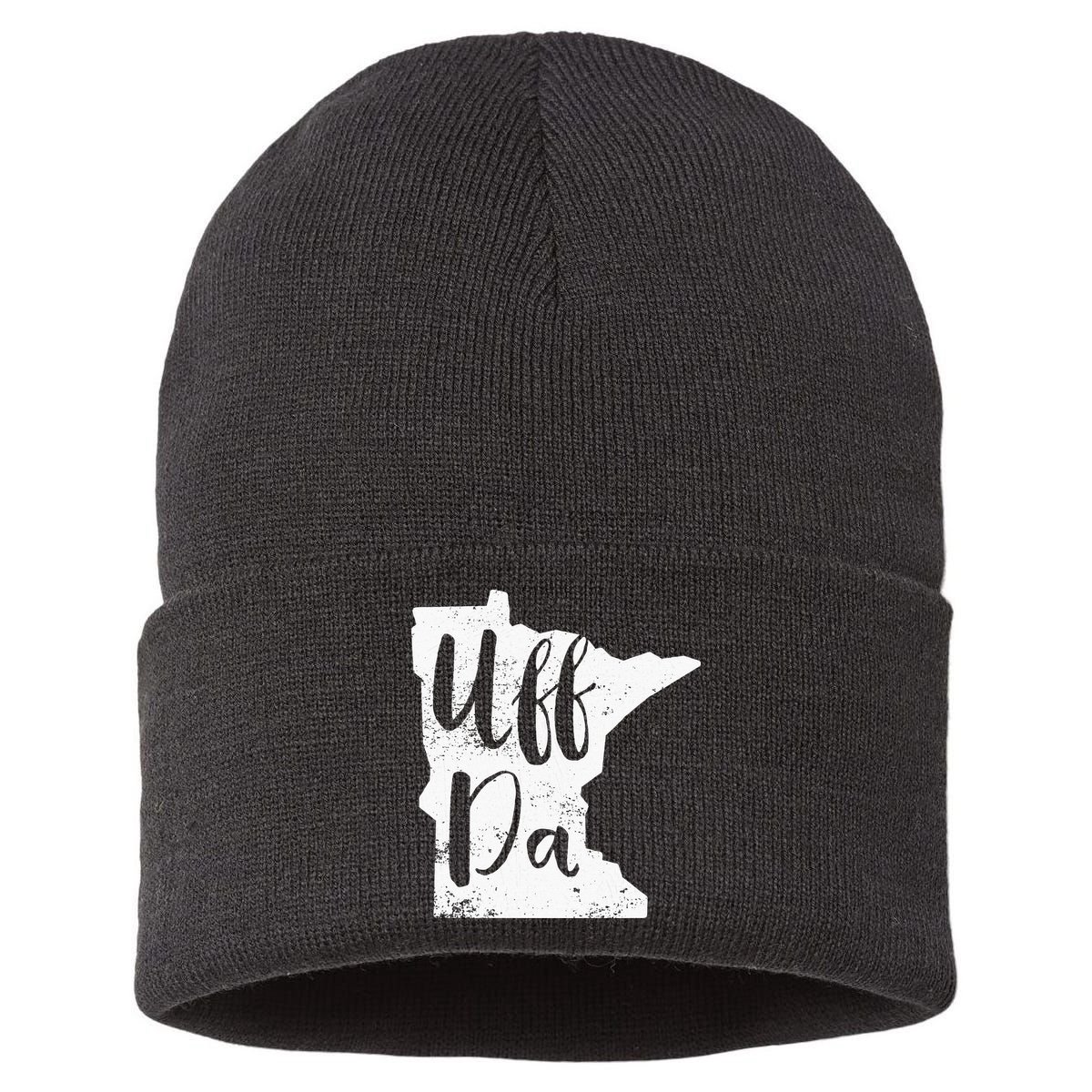 Uff Da Minnesota Map Funny Distressed Sustainable Knit Beanie