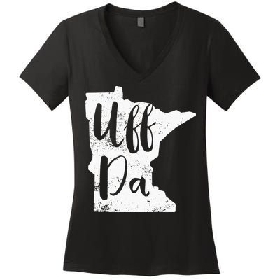 Uff Da Minnesota Map Funny Distressed Women's V-Neck T-Shirt
