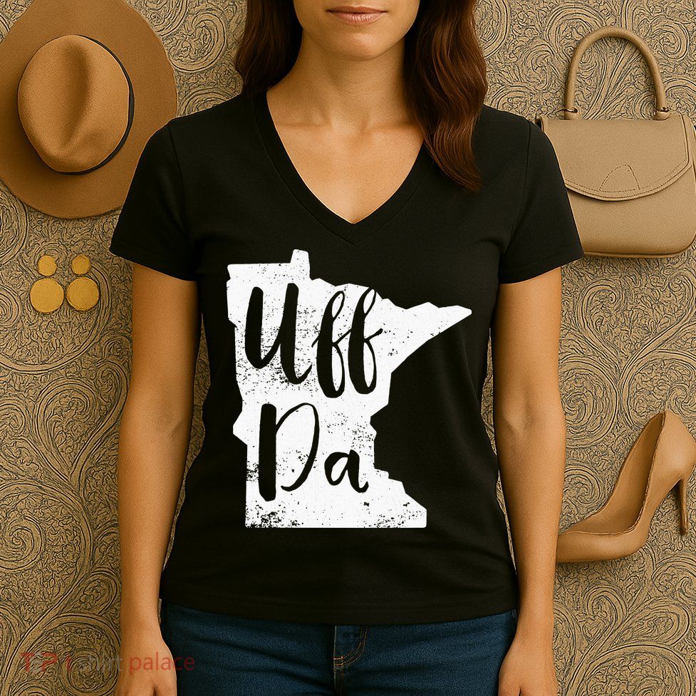 Uff Da Minnesota Map Funny Distressed Women's V-Neck T-Shirt