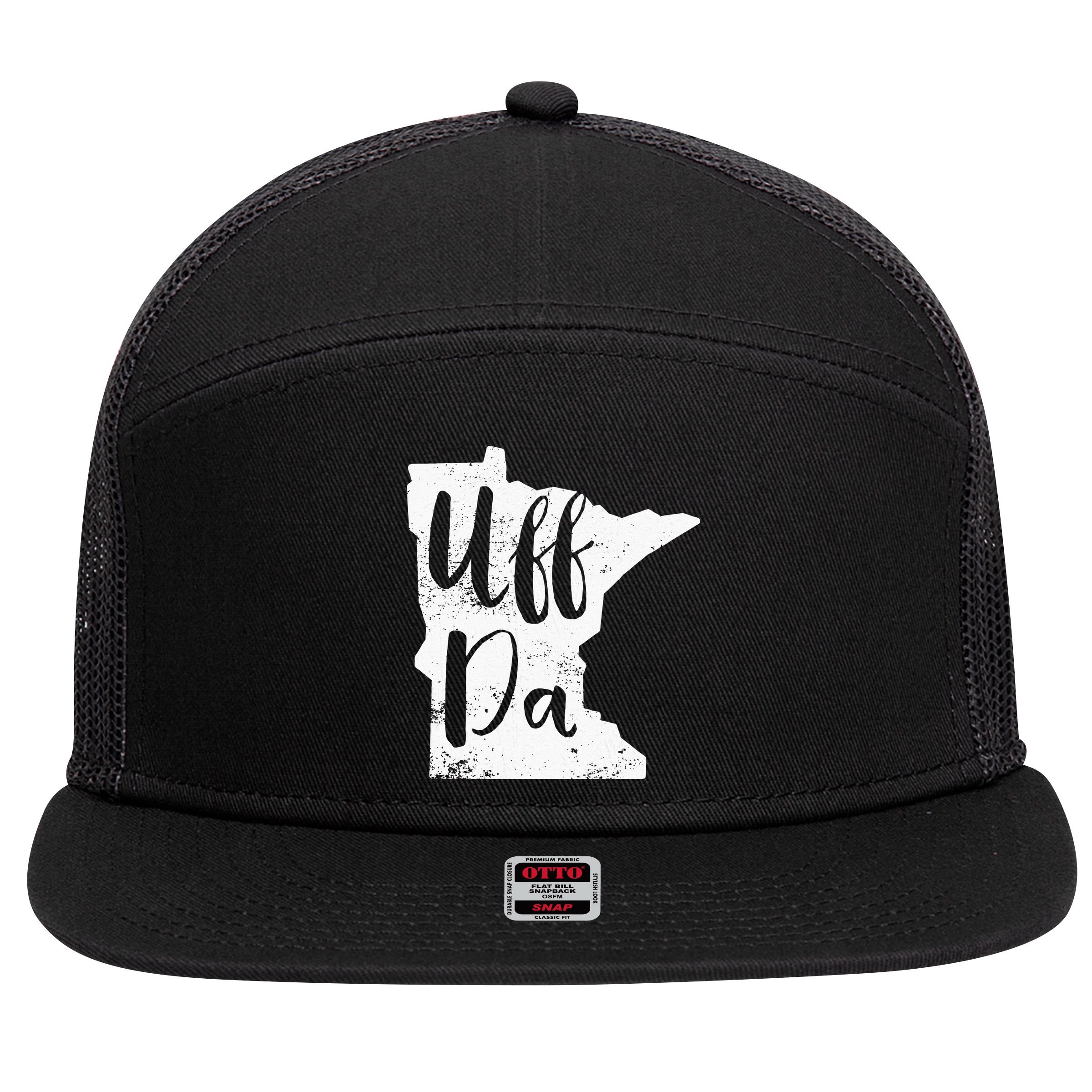 Uff Da Minnesota Map Funny Distressed 7 Panel Mesh Trucker Snapback Hat