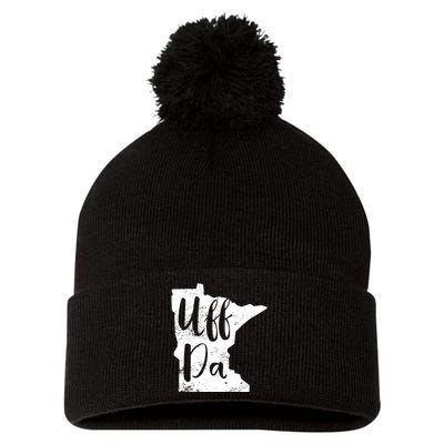 Uff Da Minnesota Map Funny Distressed Pom Pom 12in Knit Beanie