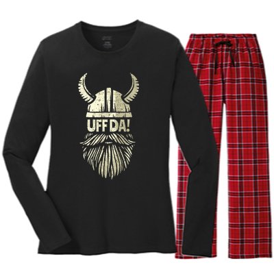 Uff Da Norwegian Quote Scandinavian Viking Helmet Beard Man  Women's Long Sleeve Flannel Pajama Set 