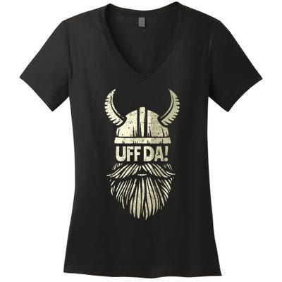 Uff Da Norwegian Quote Scandinavian Viking Helmet Beard Man  Women's V-Neck T-Shirt